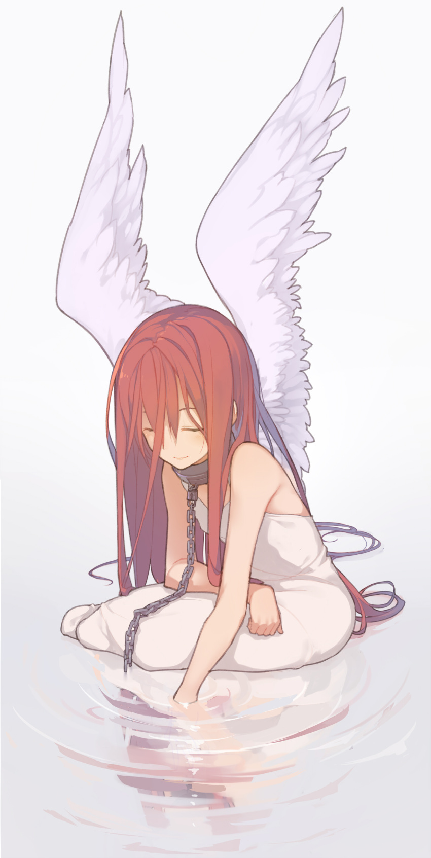 1girl, absurdres, brown_hair, chains, closed_eyes, collar, commentary_request, dress, hair_between_eyes, highres, hitoshi_(hitoishi_14n2i5), long_hair, original, partially_submerged, redhead, reflection, sitting, smile, solo, very_long_hair, water, white_dress, wings