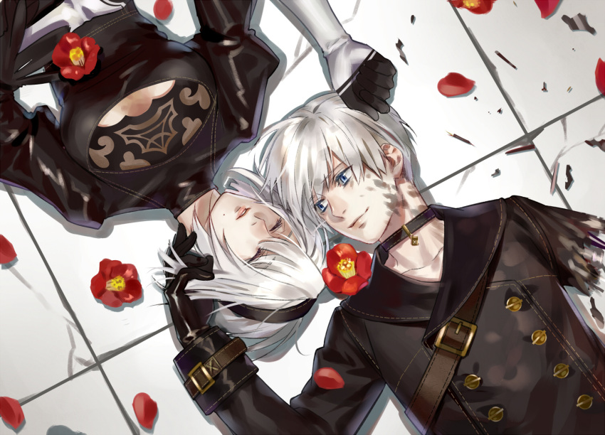 1boy, 1girl, amputee, black_dress, blue_eyes, breasts, candytang442494812, choker