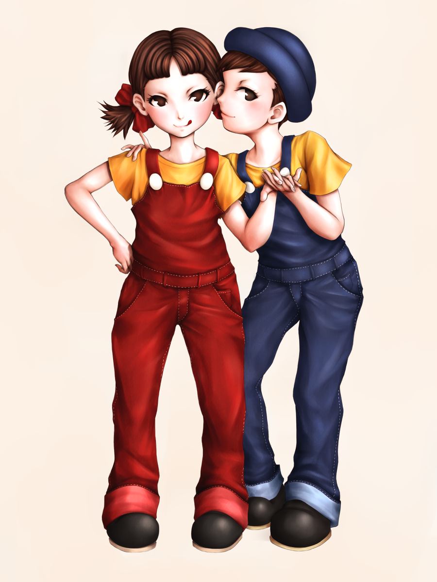 1boy, 1girl, :p, brown_eyes, brown_hair, brown_shoes, fujiya, full_body