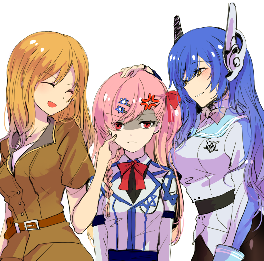 3girls, anger_vein, angry, blue_hair, braid, brown_hair, cheek_pinching, galil_(girls_frontline)