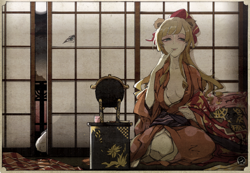 1girl, alcohol, applying_makeup, borrowed_character, breasts, cleavage, indoors, japanese_clothes