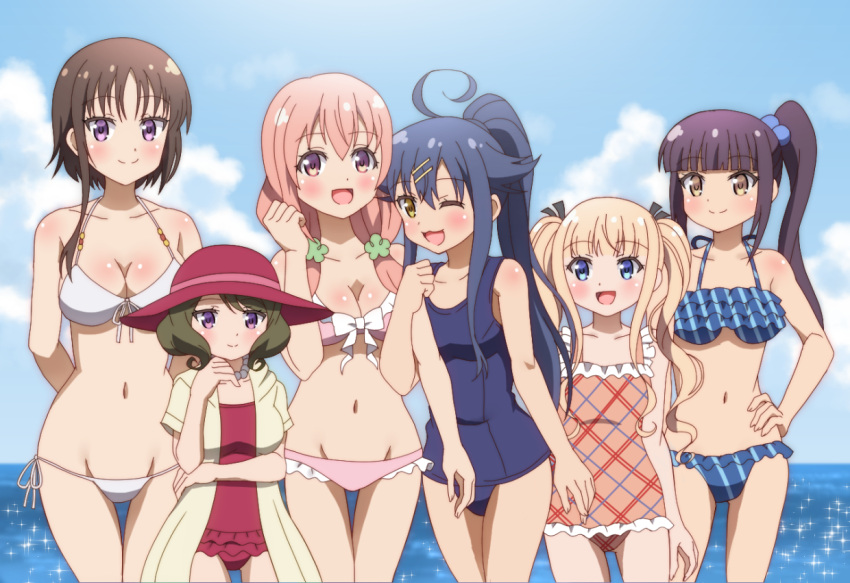 6+girls, :d, ;3, ;d, bikini, bikini_bottom, bikini_top, black_hair