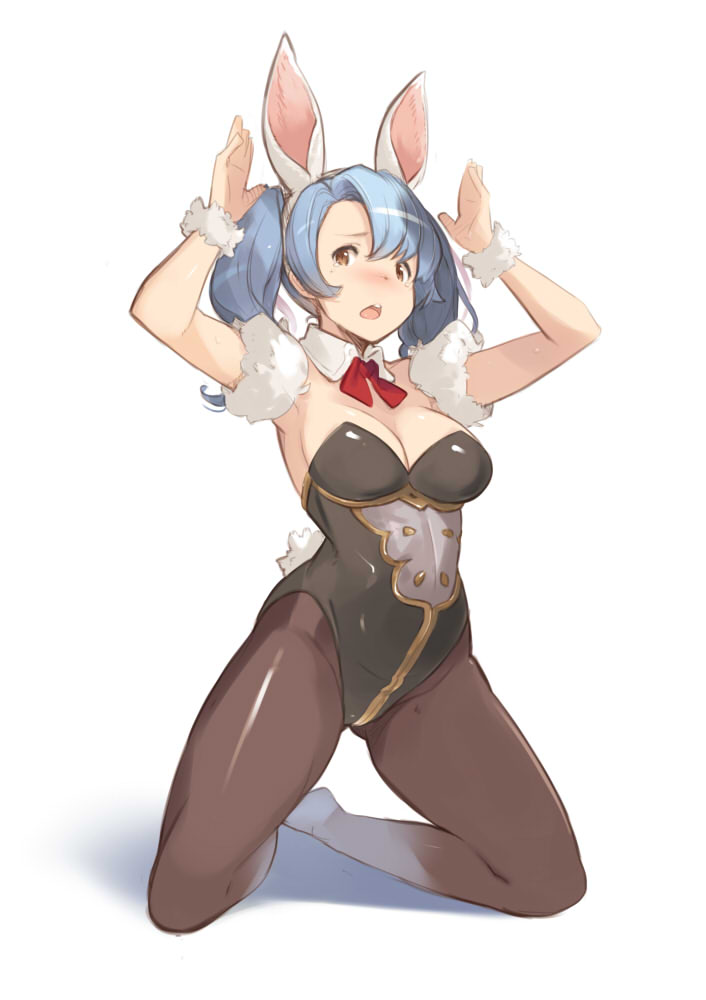 1girl, animal_ears, armpits, arms_up, black_legwear, blue_hair, blush, breasts