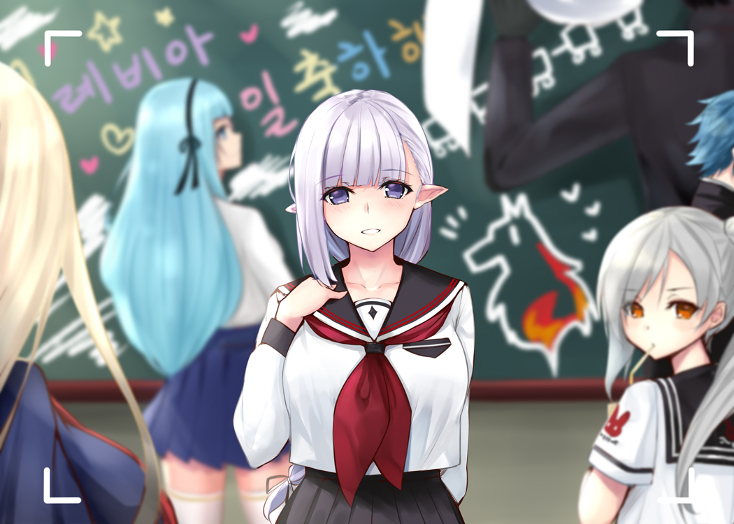 2boys, 4girls, black_gloves, black_ribbon, black_skirt, blonde_hair, blue_hair, blurry