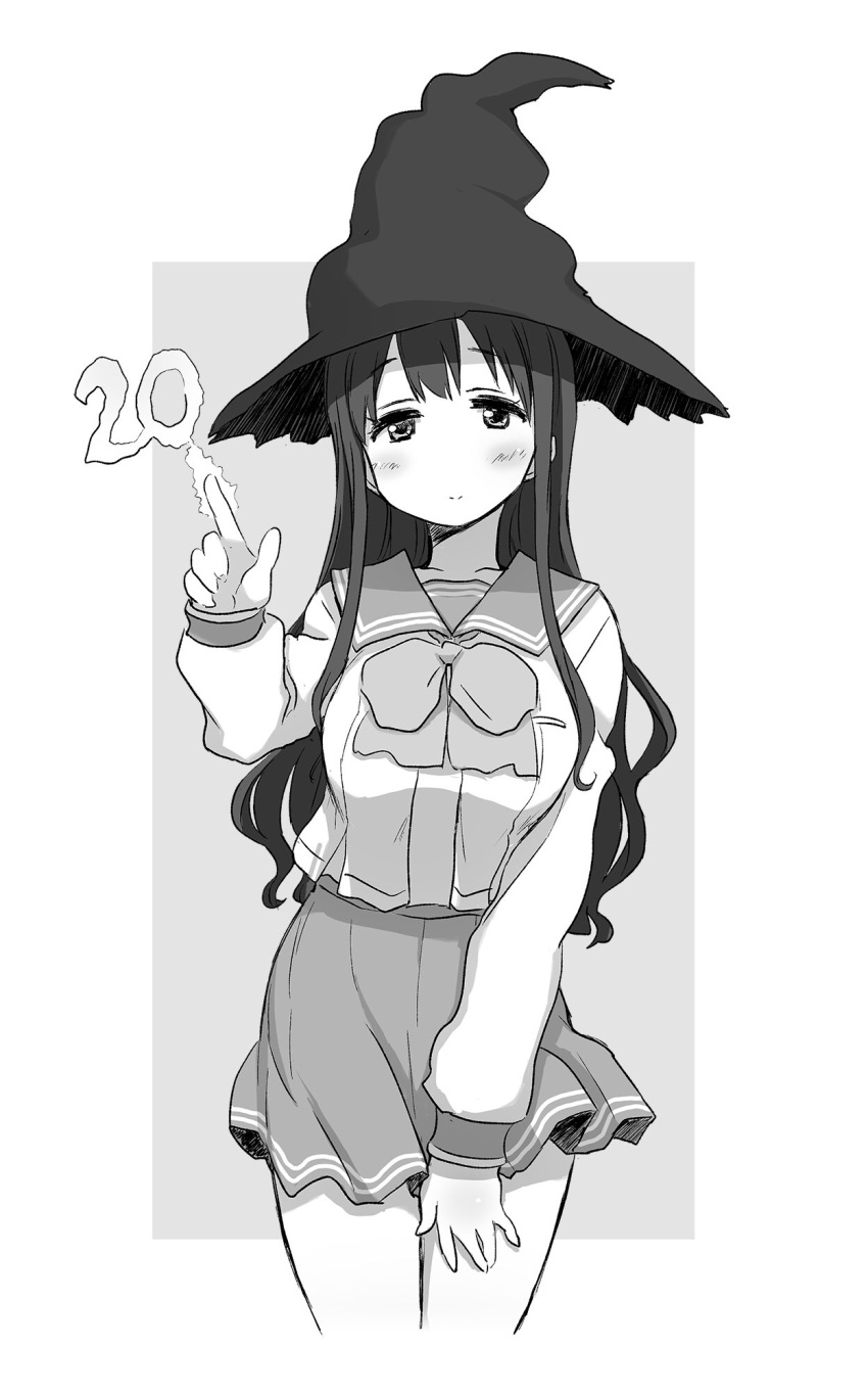 1girl, anniversary, breasts, cowboy_shot, greyscale, hand_on_own_thigh, hand_up, hat