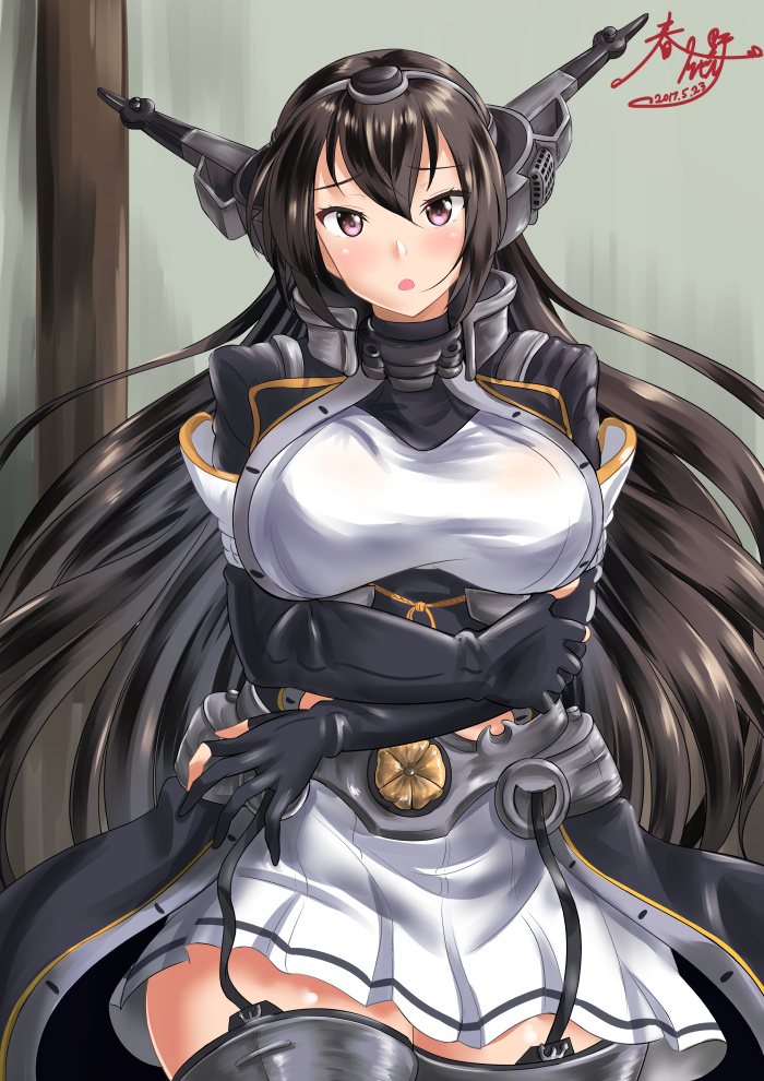 1girl, black_gloves, black_hair, breasts, commentary_request, crossed_arms, elbow_gloves, garter_straps