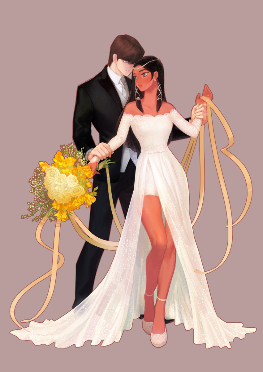 1boy, 1girl, black_hair, blue_eyes, brown_hair, dress, earrings, formal