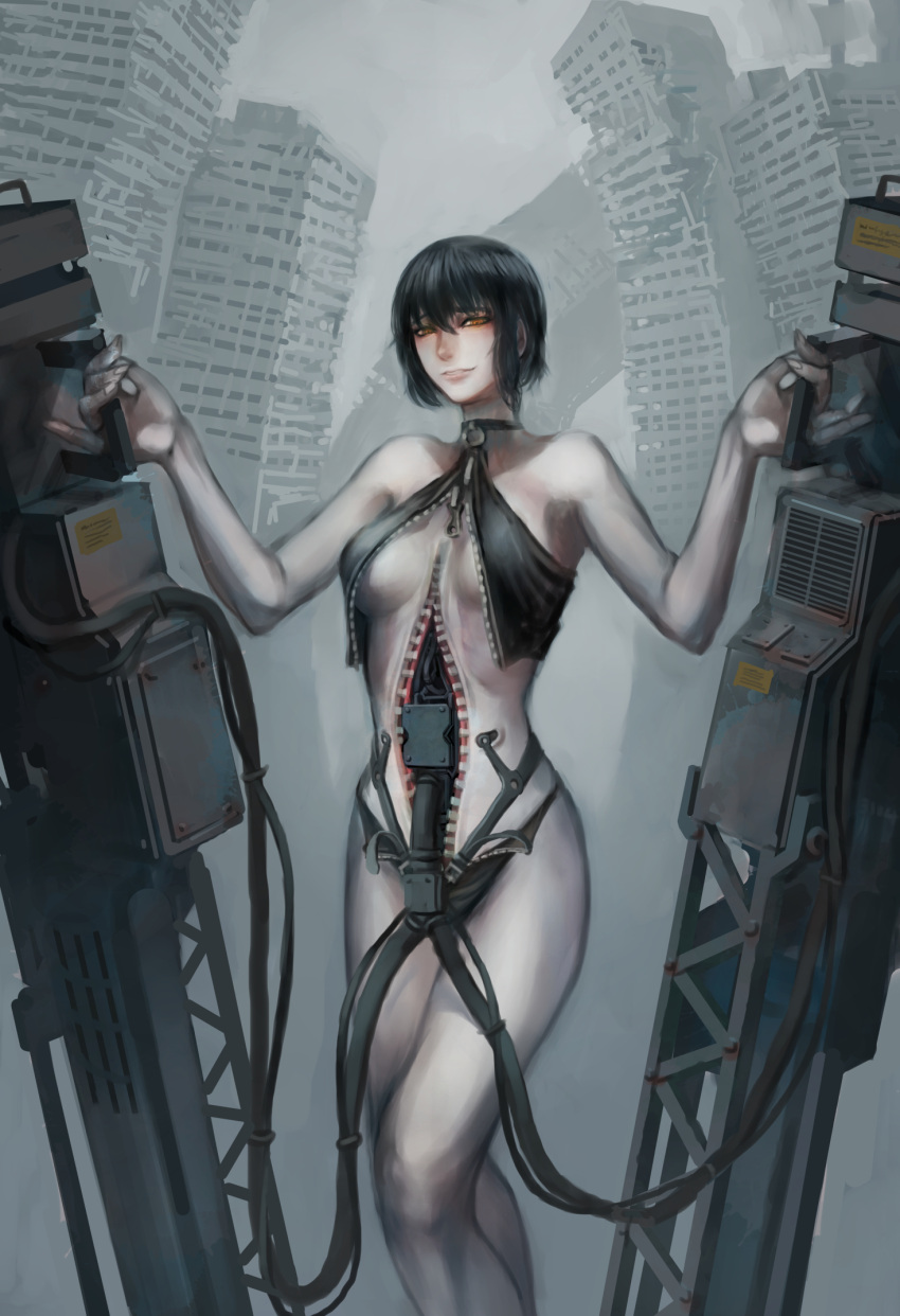 1girl, black_hair, cable, choker, cyborg, highres, holding, jittsu