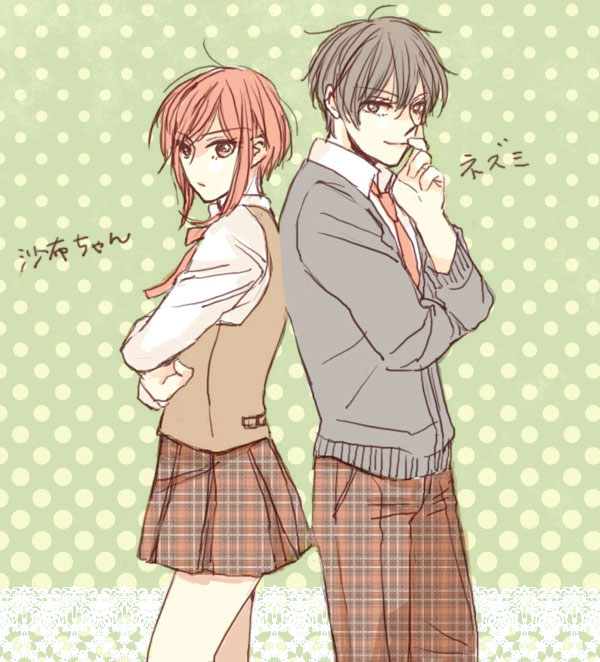 1boy, 1girl, alternate_costume, back-to-back, black_hair, cardigan, character_name, crossed_arms