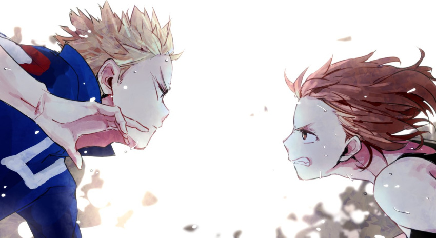 1boy, 1girl, and_rira, bakugou_katsuki, bare_shoulders, blonde_hair, boku_no_hero_academia, brown_hair