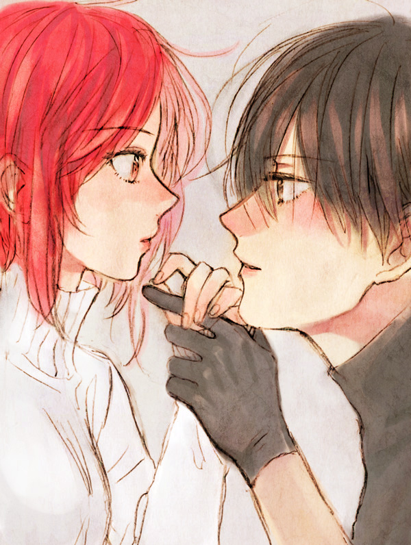 1boy, 1girl, black_hair, datte_waka, eye_contact, face-to-face, gloves, hand_holding