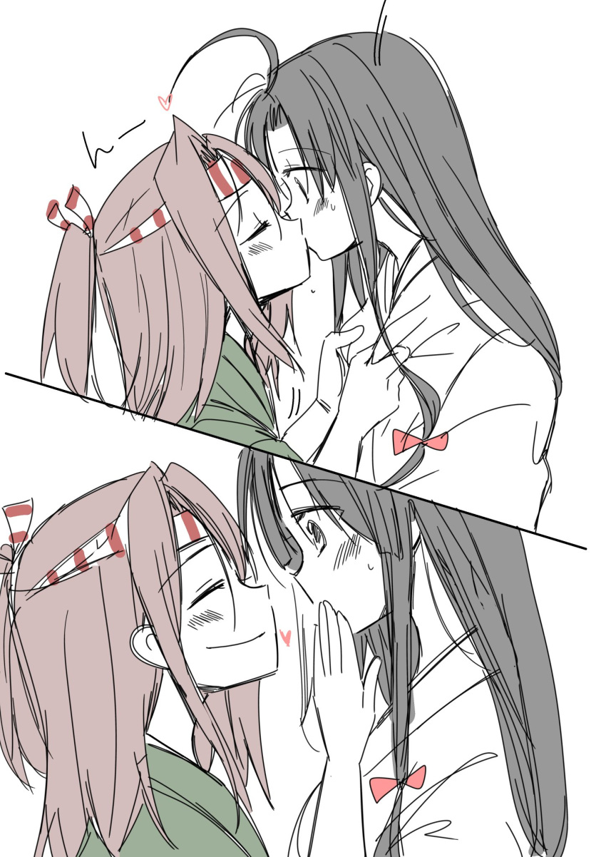 2girls, 2koma, ahoge, black_hair, blush, bow, camouflage, closed_eyes