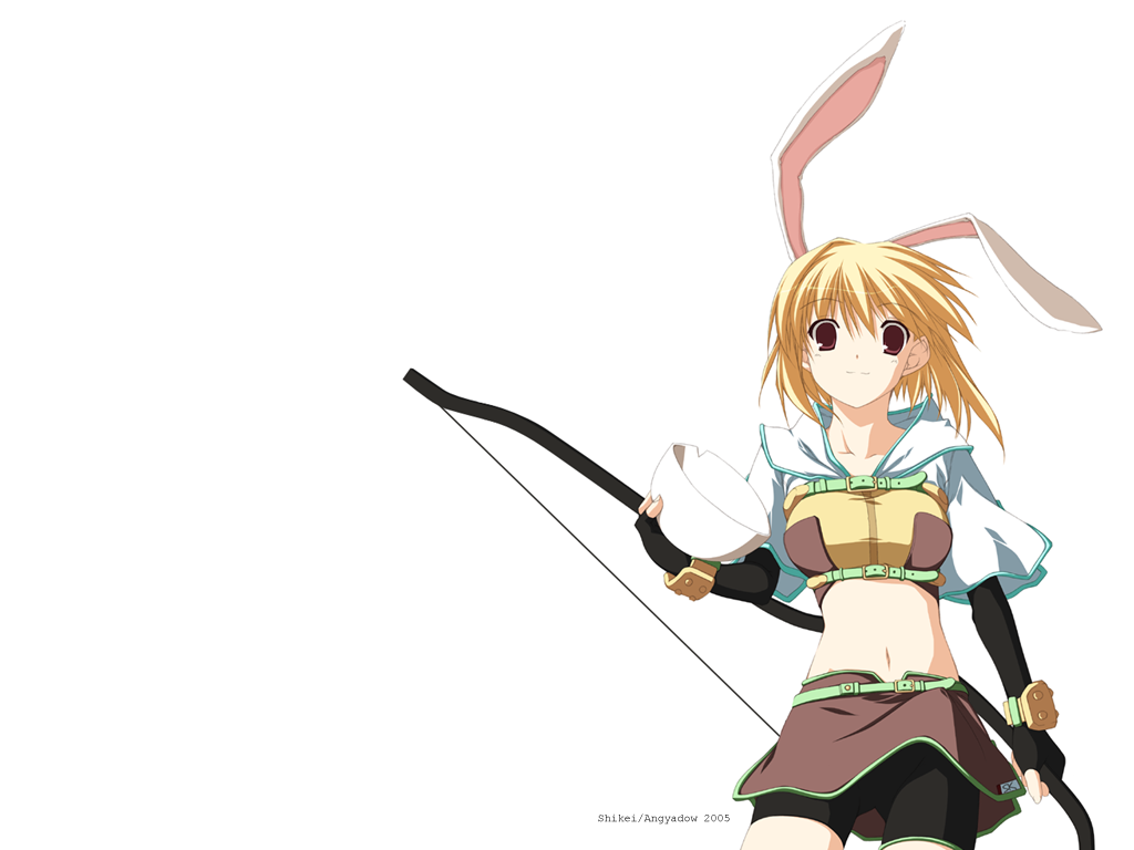 1024x768, belt, belts, blonde_hair, bow_(weapon), bowl, bunny_ears, egg