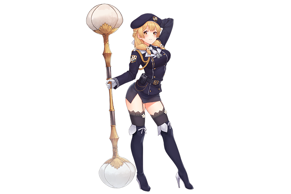 1girl, arms_behind_head, arms_up, artist_request, bangs, bare_shoulders, belt, belt_pouch, black_legwear, blonde_hair, boots, braid, eyebrows_visible_through_hair, flower_knight_girl, full_body, garter_straps, gloves, hair_ornament, hat, high_heel_boots, high_heels, holding, holding_weapon, long_hair, looking_at_viewer, nirinsou_(flower_knight_girl), pencil_skirt, polearm, skirt, standing, thigh-highs, thigh_boots, twintails, uniform, weapon, white_gloves, yellow_eyes, zettai_ryouiki