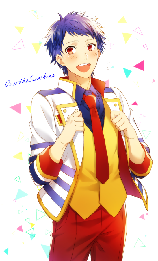 1boy, :d, adjusting_clothes, blue_hair, blush, cowboy_shot, flying_sweatdrops, ichijou_shin, idol, jacket, king_of_prism_by_prettyrhythm, looking_at_viewer, male_focus, necktie, open_clothes, open_jacket, open_mouth, pants, patterned_background, pretty_rhythm, red_eyes, red_necktie, shiron_(shiro_n), smile, solo, song_name, waistcoat
