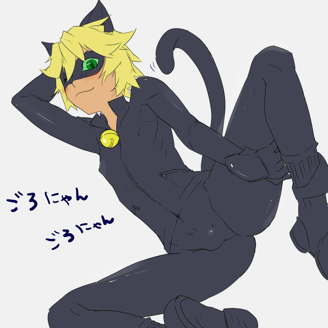 1boy, ;3, adrien_agreste, animal_ears, arm_behind_head, blonde_hair, cat_ears, cat_tail, catsuit, chat_noir, domino_mask, green_eyes, green_sclera, highres, joshitsu_(zion16wh), looking_at_viewer, male_focus, mask, miraculous_ladybug, one_eye_closed, smile, solo, spread_legs, tail