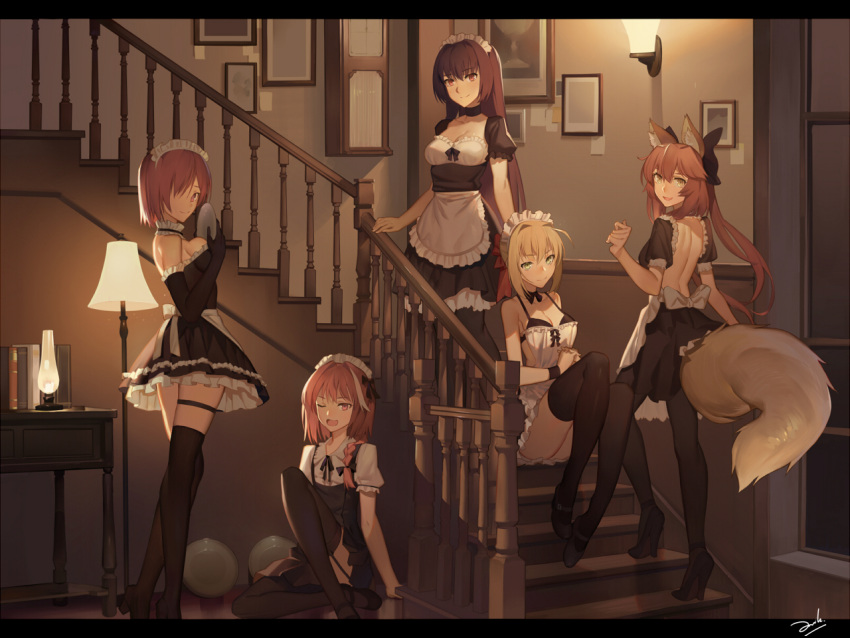 1boy, 4girls, ;d, animal_ears, astolfo_(fate), back, backless_outfit, bare_shoulders