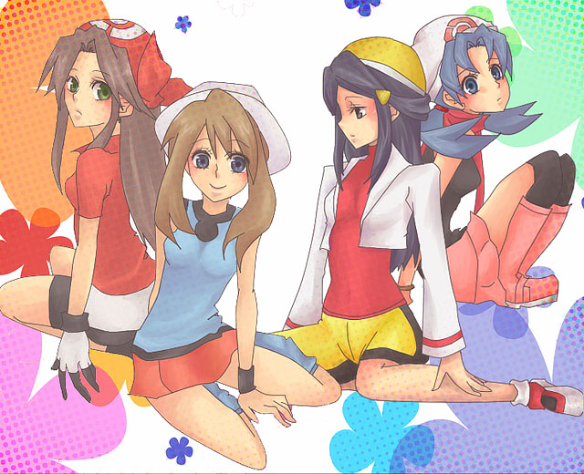 alternate_hairstyle, arm_support, bandana, beret, bike_shorts, black_hair, blue_(pokemon), blue_(pokemon)_(cosplay)