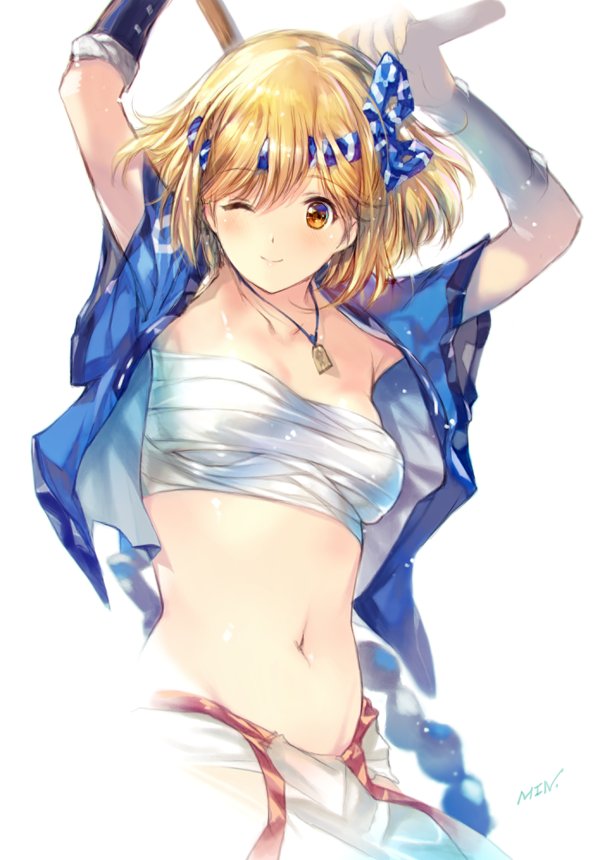 1girl, arms_up, bangs, blonde_hair, breasts, brown_eyes, collarbone, djeeta_(granblue_fantasy)