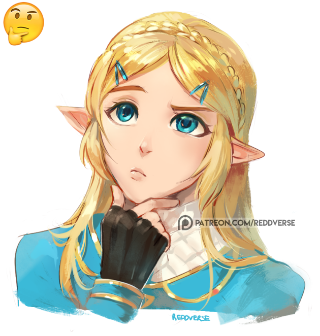 1girl, artist_name, blonde_hair, blue_eyes, chin_stroking, commentary, emoji, fingerless_gloves, gloves, hair_ornament, hairclip, hand_on_own_chin, looking_to_the_side, patreon_username, pointy_ears, princess_zelda, reddverse, simple_background, solo, the_legend_of_zelda, the_legend_of_zelda:_breath_of_the_wild, thinking, upper_body, white_background