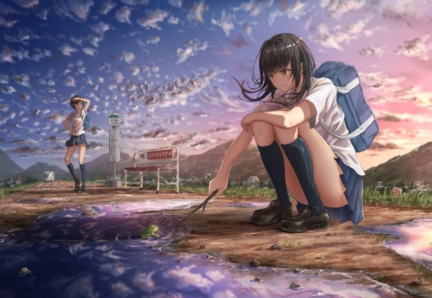 2girls, backpack, bag, black_hair, bus_stop, clouds, cloudy_sky, commentary_request