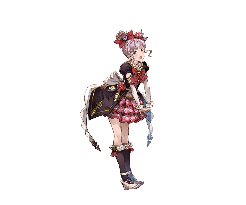 1girl, bow, bowtie, brown_eyes, curly_hair, flower, full_body, granblue_fantasy, heart, linaria_(granblue_fantasy), minaba_hideo, official_art, open_mouth, pink_hair, ponytail, rose, socks, solo, transparent_background