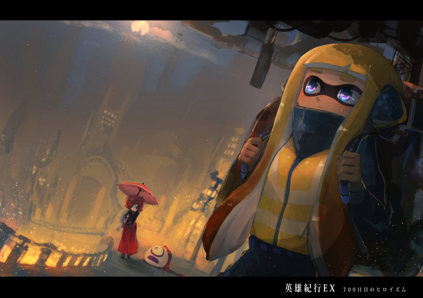 2girls, backpack, bag, bangs, black_jacket, black_kimono, black_pants, black_shoes