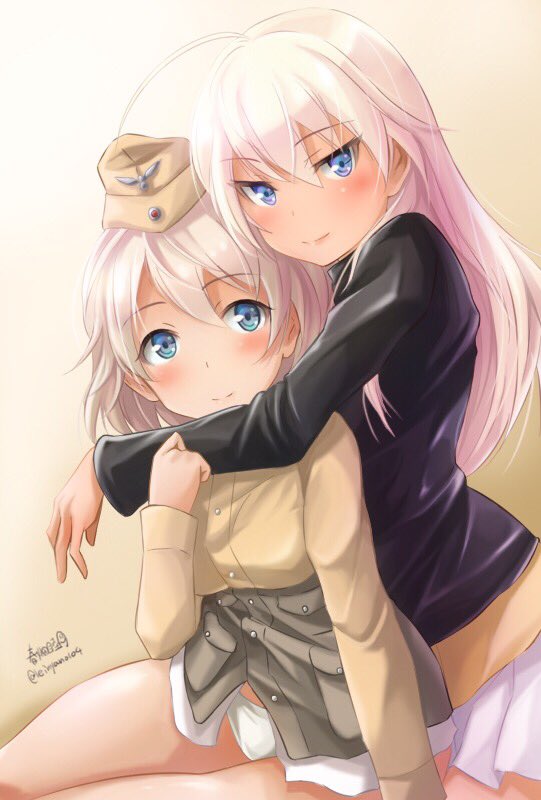 2girls, ahoge, artist_name, black_jacket, blonde_hair, blue_eyes, brown_hat, brown_jacket