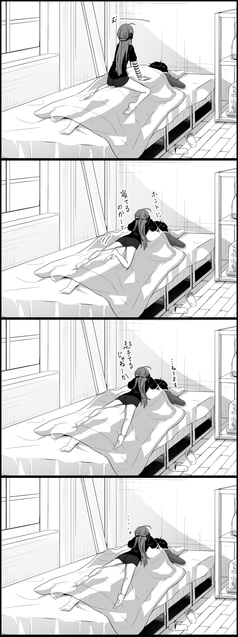 1boy, 1girl, 4koma, absurdres, barefoot, bed, blanket, bookshelf