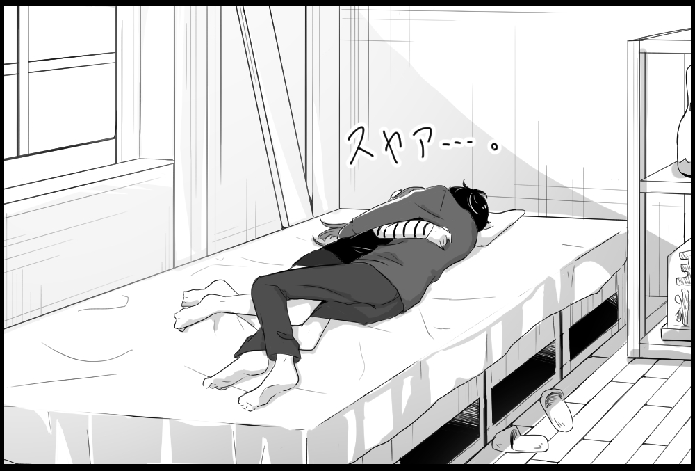 1boy, 1girl, barefoot, bed, bookshelf, comic, couple, cuddling