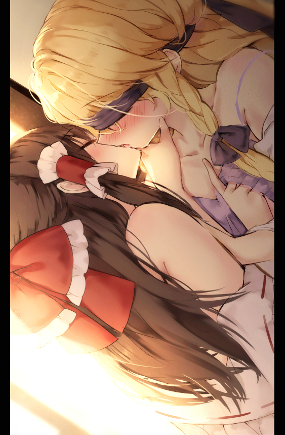 2girls, blindfold, blonde_hair, blush, bow, braid, brown_hair, closed_eyes
