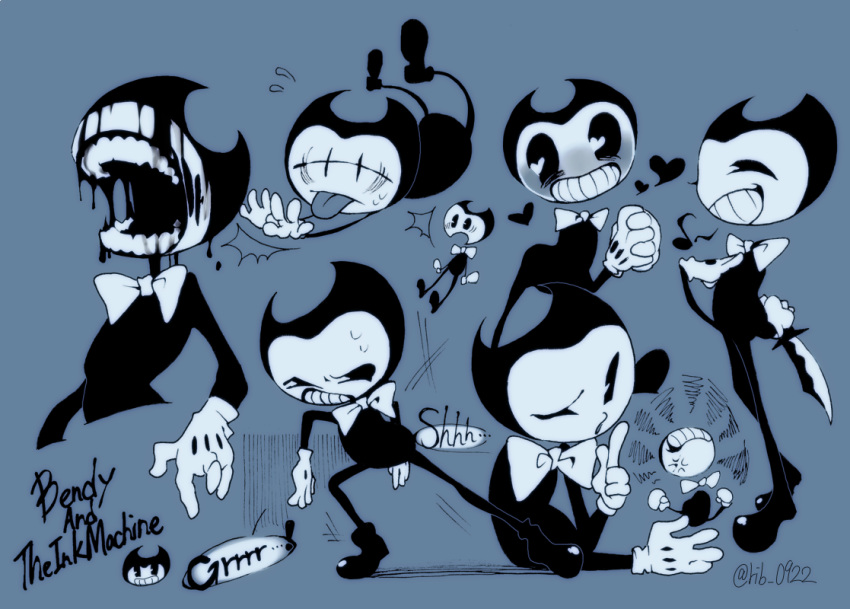 1boy, agen_chiita, bendy_(character), bendy_and_the_ink_machine, blue_background, bow, bowtie, character_sheet, copyright_name, gloves, hands_clasped, heart, heart-shaped_pupils, ink, male_focus, pac-man_eyes, symbol-shaped_pupils, teeth, tongue, tongue_out, white_gloves