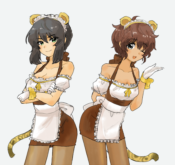 2girls, alternate_costume, animal_ears, apron, arm_behind_back, bangs, black_legwear, blue_eyes
