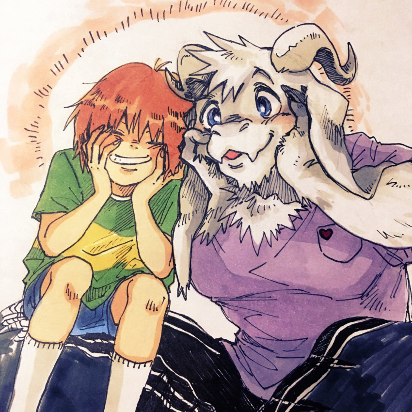 1boy, androgynous, asriel_dreemurr, blue_eyes, chara_(undertale), child, closed_eyes, green_shirt