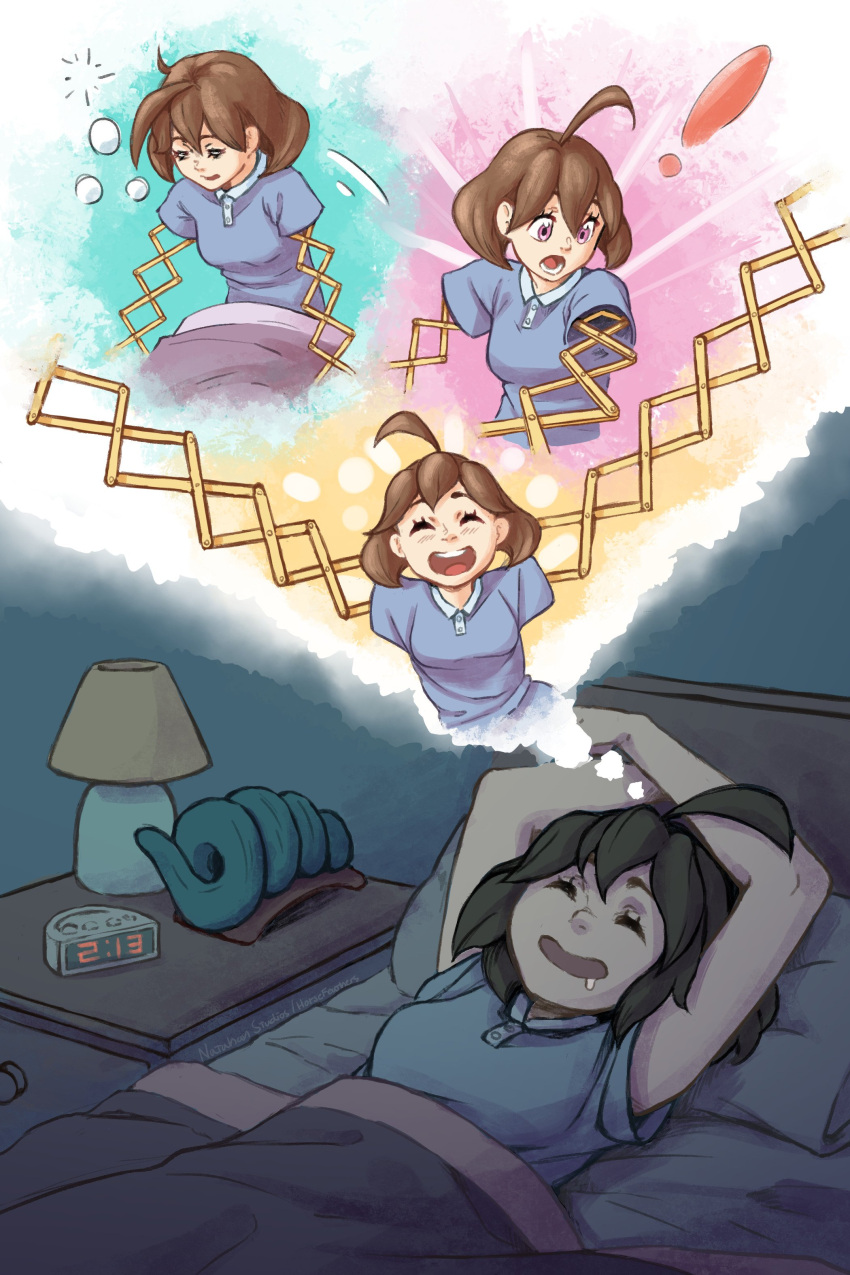 1girl, absurdres, ahoge, arms_(game), brown_hair, closed_eyes, dreaming, drooling