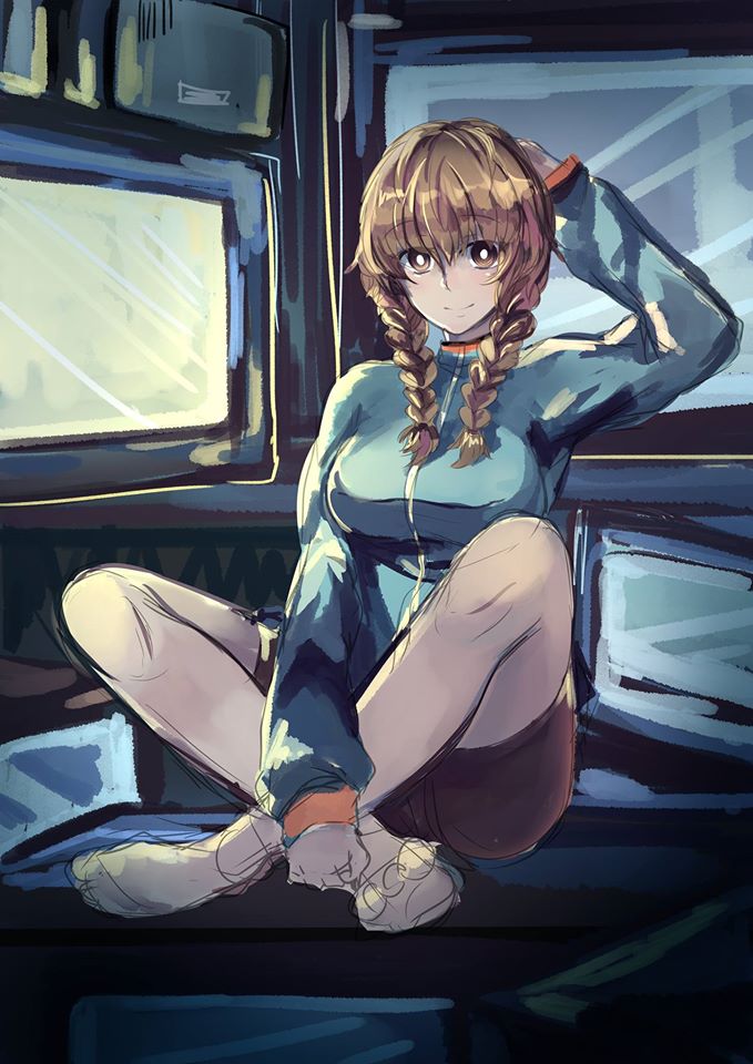 1girl, amane_suzuha, bike_shorts, braid, breasts, brown_eyes, brown_hair, hand_behind_head
