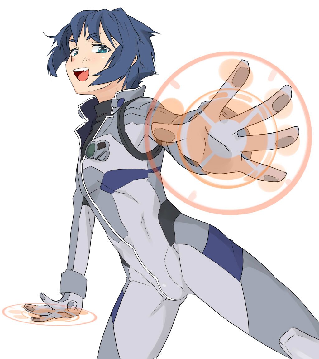 1boy, blue_eyes, blue_hair, bodysuit, cowboy_shot, holographic_interface, joshitsu_(zion16wh), kanoya_rui