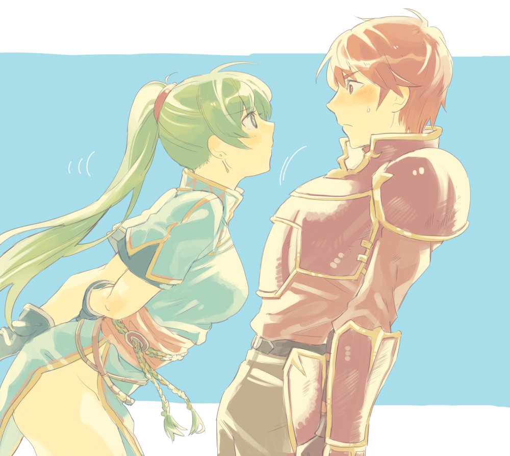 1boy, 1girl, aisutabetao, aqua_dress, armor, arms_behind_back, belt, black_gloves, blue_background, blush, breastplate, breasts, couple, cowboy_shot, dress, earrings, embarrassed, eye_contact, face-to-face, fire_emblem, fire_emblem:_rekka_no_ken, gloves, green_eyes, green_hair, groin, hetero, highres, jewelry, kent_(fire_emblem), large_breasts, leaning, leaning_back, leaning_forward, long_hair, looking_at_another, lyndis_(fire_emblem), motion_lines, nintendo, orange_hair, pants, pelvic_curtain, ponytail, profile, red_armor, red_eyes, sash, shiny, shiny_hair, shirt, short_hair, short_sleeves, shy, side_slit, simple_background, sketch, sweatdrop, thighs