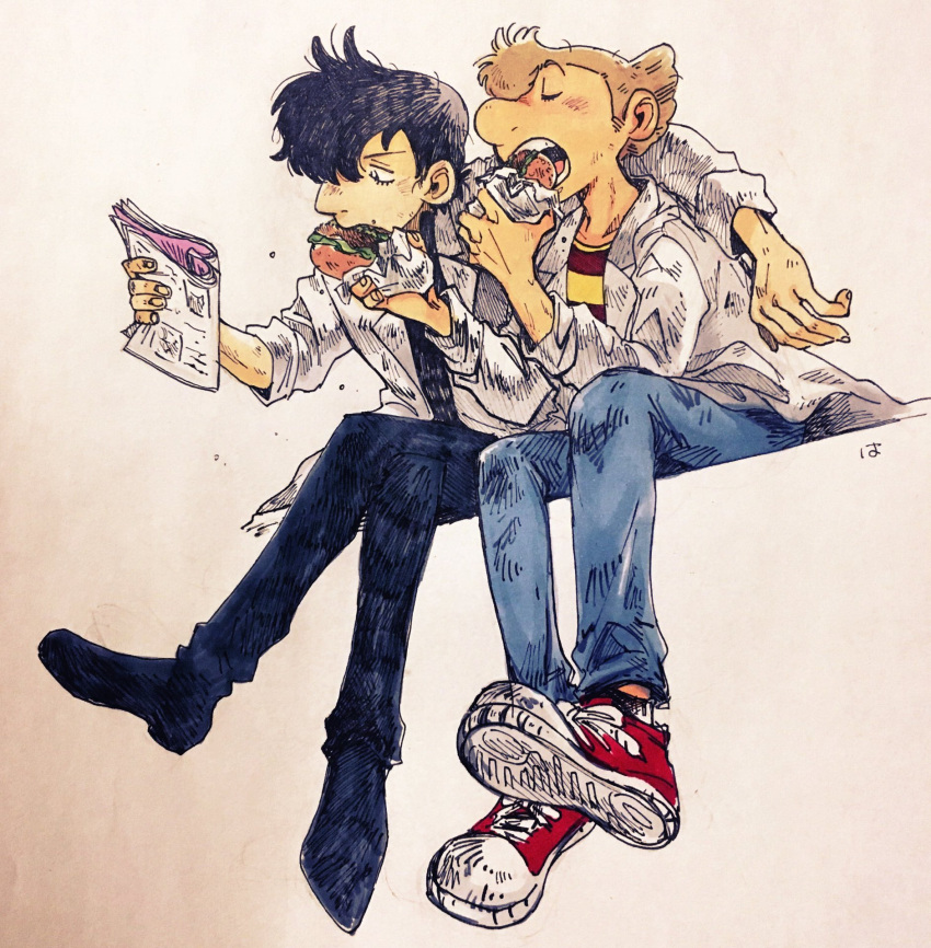 2boys, atom:_the_beginning, big_nose, black_eyes, black_hair, black_shirt, brown_hair, closed_eyes