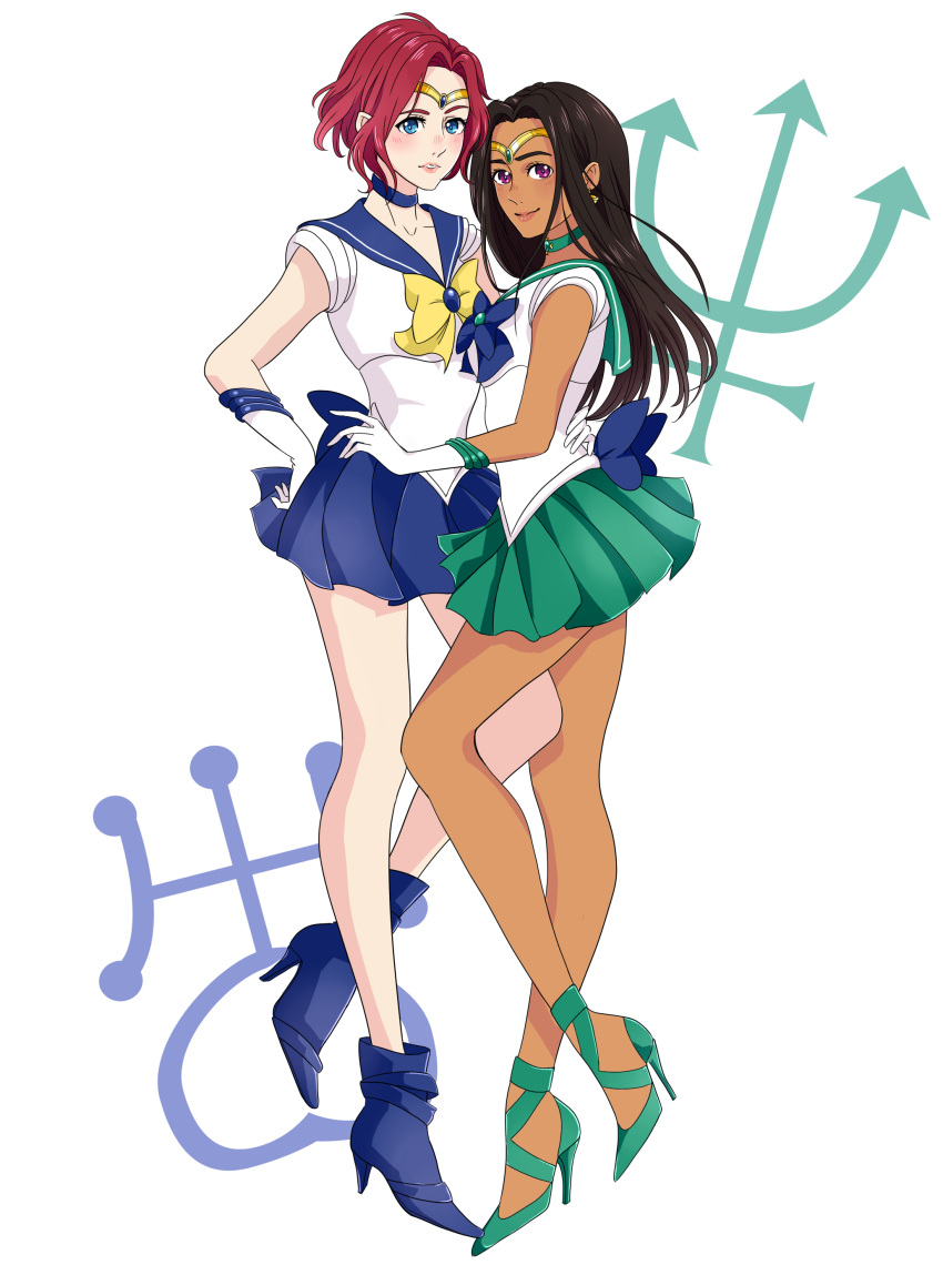 2girls, absurdres, bishoujo_senshi_sailor_moon, black_hair, blue_eyes, choker, cosplay, dark_skin
