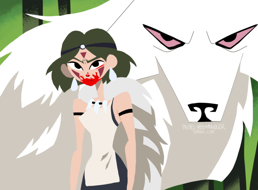 blood, genndy_tartakovsky_(style), mononoke_hime, moro, red_eyes, samurai_jack, san, size_difference, style_emulation, wolf