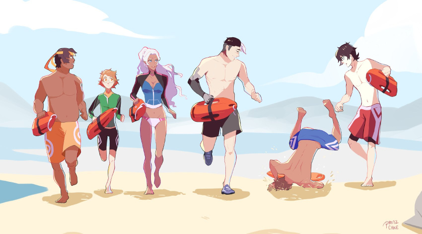 2girls, 4boys, baywatch, beach, highres, hunk_(voltron), keith_(voltron), lance_(voltron)