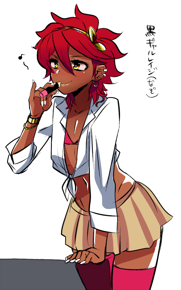 1boy, applying_makeup, crossdressinging, earrings, gundam, gundam_build_fighters, gyaru, hairband, jewelry, lipgloss, midriff, navel, red_legwear, redhead, reiji_(gundam_bf), shirt, skirt, smile, solo, tan, thigh-highs, tied_shirt, trap, yellow_eyes