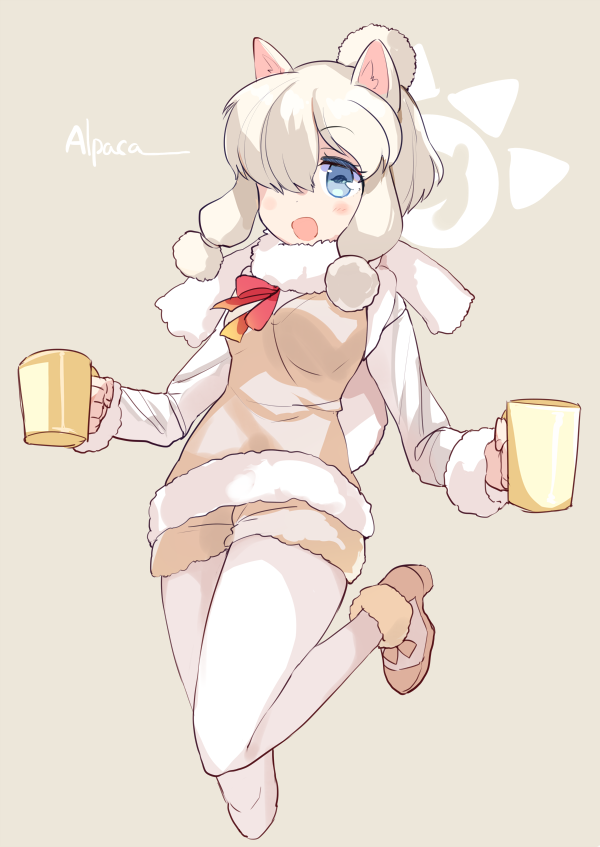 1girl, :d, alpaca_ears, alpaca_suri_(kemono_friends), alpaca_tail, animal_ears, ankle_boots, bangs, beige, beige_background, beige_boots, beige_ribbon, beige_shorts, beige_vest, blonde_hair, blue_eyes, blush, boots, character_name, cropped_legs, cup, dot_nose, english, eyebrows_visible_through_hair, eyelashes, fingernails, fur-trimmed_boots, fur-trimmed_sleeves, fur-trimmed_vest, fur_collar, fur_trim, gradient_ribbon, hair_bun, hair_ornament, hair_over_one_eye, hair_ribbon, hair_tie, high_heel_boots, high_heels, holding, holding_cup, horizontal_pupils, japari_symbol, kemono_friends, leg_lift, long_sleeves, looking_at_viewer, mug, multicolored, multicolored_ribbon, neck_ribbon, open_mouth, otk_do, pantyhose, pantyhose_under_shorts, red_ribbon, ribbon, shirt, shoe_ribbon, shorts, sidelocks, smile, solo, swept_bangs, tail, tareme, tress_ribbon, vest, white_legwear, white_shirt, yellow_ribbon