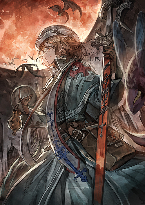 1boy, 369minmin, bag, bat_wings, blonde_hair, glasses, gloves, granblue_fantasy, insect_wings, long_hair, male_focus, moon, solo, sword, upper_body, weapon, will_(granblue_fantasy), wings