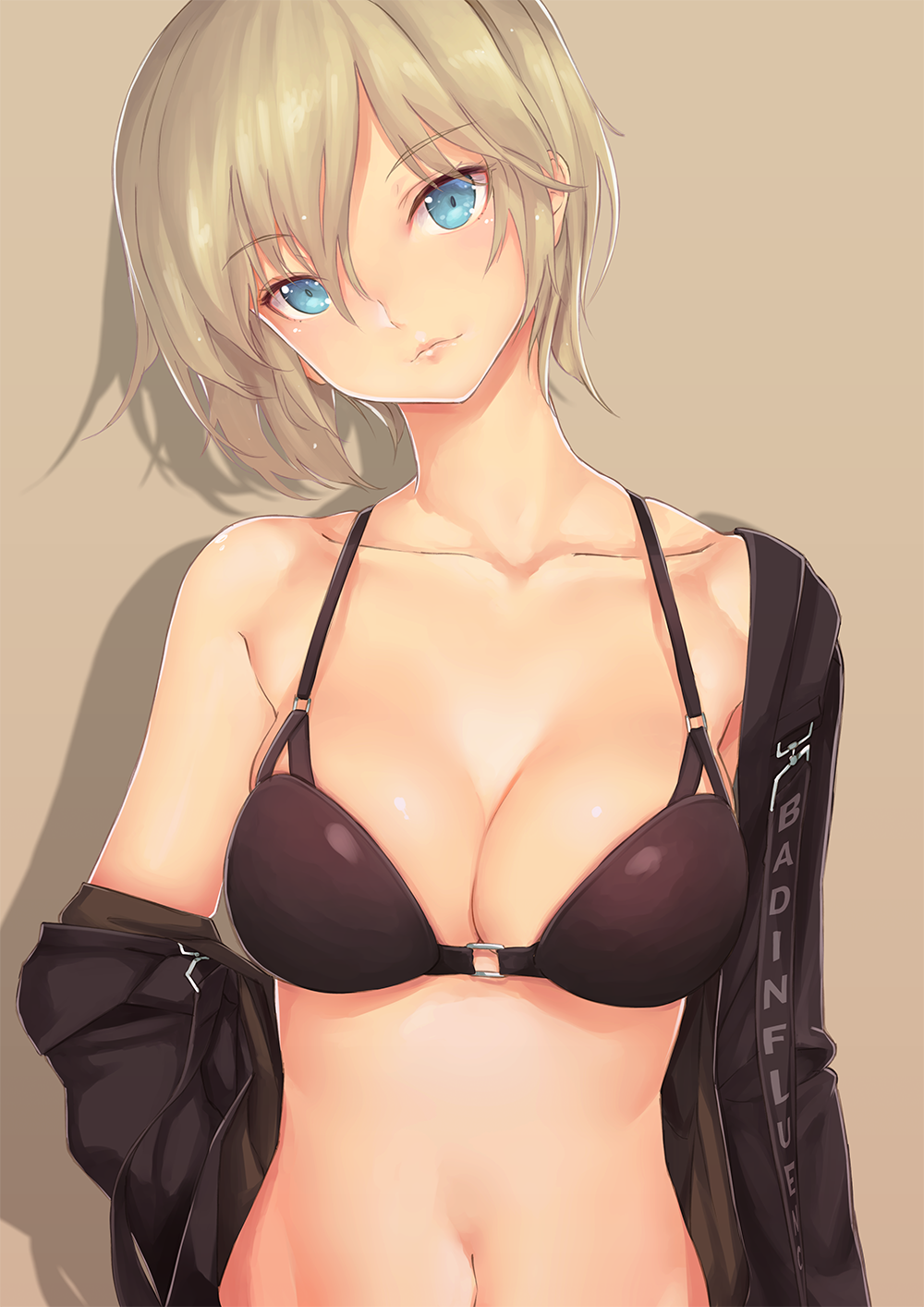 1girl, anastasia_(idolmaster), arm_at_side, bare_shoulders, bikini_top, black_bikini_top, black_jacket, blonde_hair, blush, breasts, brown_background, cleavage, closed_mouth, clothes_writing, collarbone, commentary, eleaclarisse, eyebrows_visible_through_hair, hair_between_eyes, head_tilt, highres, idolmaster, idolmaster_cinderella_girls, jacket, lips, medium_breasts, navel, off_shoulder, pink_lips, shiny, shiny_skin, short_hair, simple_background, solo, stomach, tsurime, upper_body