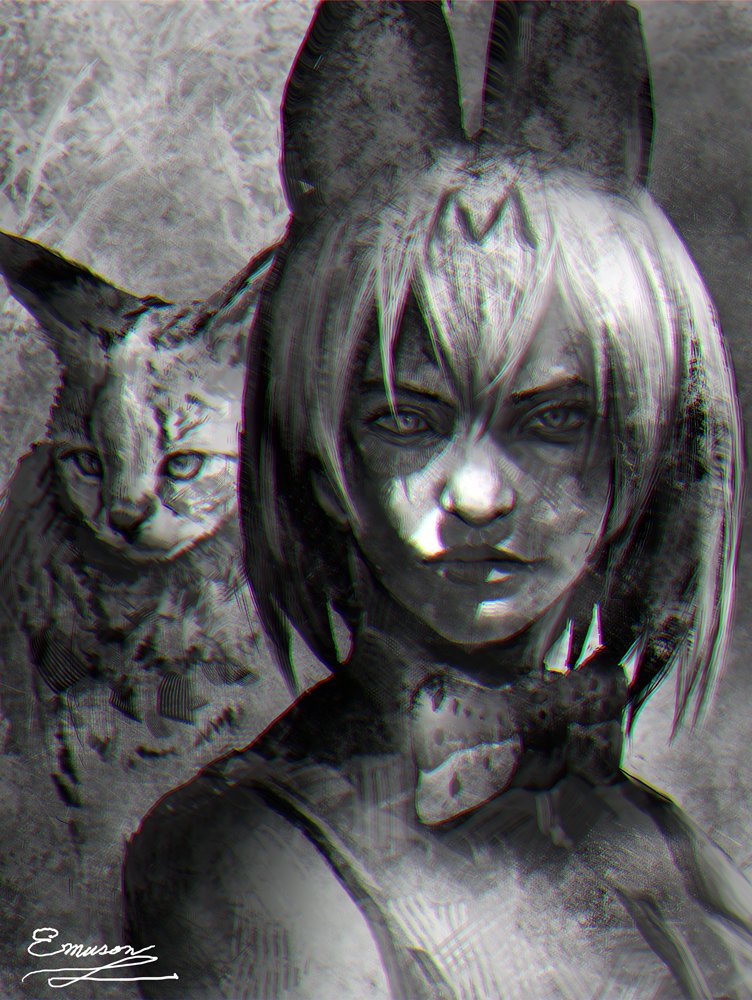 1girl, animal, animal_ears, artist_name, bow, bowtie, chromatic_aberration, emuson