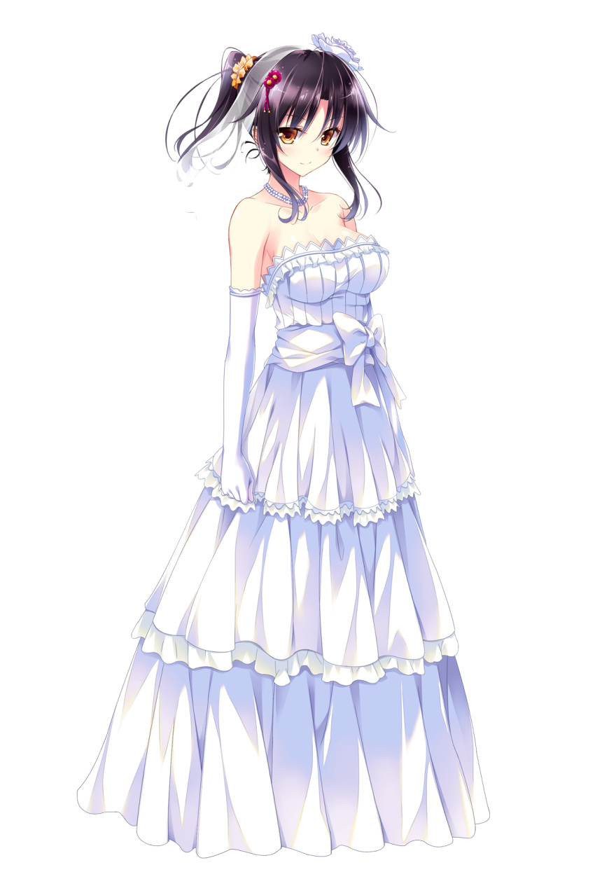 1girl, bangs, bare_shoulders, black_hair, breasts, brown_eyes, cleavage, collarbone