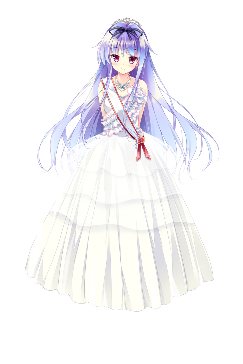 1girl, arms_behind_back, bangs, bare_shoulders, bow, bowtie, collarbone, dress