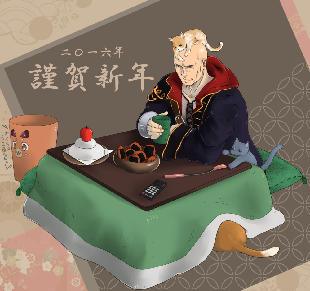 1boy, animal_ears, apple, bald, biscuit, cat, cat_ears, cat_tail
